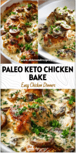 Baked paleo chicken with mushrooms in a creamy keto sauce garnished with fresh parsley.
